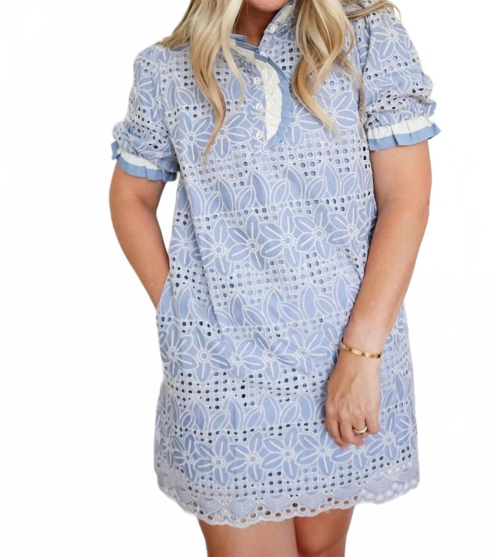 NEW JODIFL women's corinne serene eyelet lace ruffle shift dress in sky blue